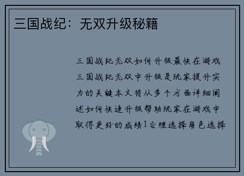 三国战纪：无双升级秘籍